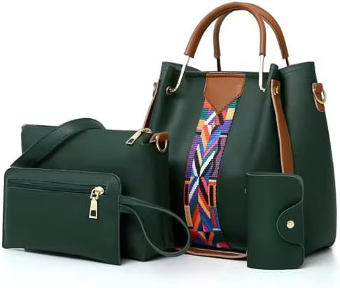 Women's 4-Piece Handbag Set with Colorful Strap, PU Leather Tote, Crossbody, Wallet and Clutch