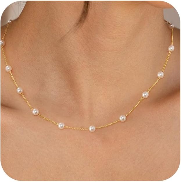 Dainty Pearl Pendant Necklaces for Women 14K Gold Plated Handmade Layered Pearl Chain Necklace Delicate Layered Freshwater Pearl Necklace Everyday Jewelry Gift