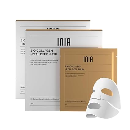 INIA Bio-Collagen Face Mask with Hyaluronic Acid – Deep Hydrating & Firming Hydrogel Mask for Skin Elasticity & Pore Minimizing – 4 Pack