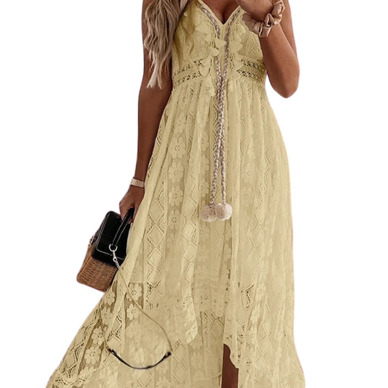 CUPSHE Women's Summer Dresses Sleeveless Lace Casual Tassel Beach Spaghetti Straps Flowy Maxi Sun Dress