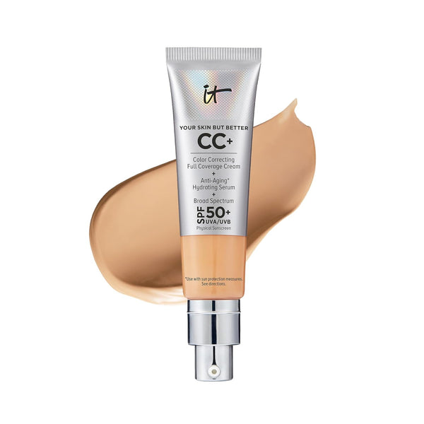 IT Cosmetics CC+ Cream - Natural Full Coverage Foundation With SPF 50+, Color Corrector & Anti-Aging Hydrating Serum, Hyaluronic Acid + Peptides, Lightweight Up To 24H Wear, All Skin Types- 1.08 fl oz