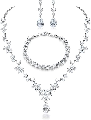 Hadskiss Jewelry Set for Women, Necklace Dangle Earrings Bracelet Set with White AAA Cubic Zirconia, Allergy Free Wedding Party Jewelry for Bridal Bridesmaid
