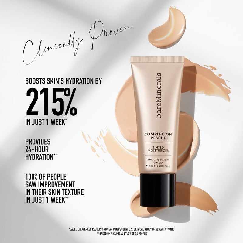 bareMinerals Complexion Rescue Tinted Moisturizer for Face with SPF 30, Hydrating Vegan Tinted Mineral Sunscreen with Hyaluronic Acid, Sheer-to-Light Coverage for Dewy, Healthy-Looking Skin