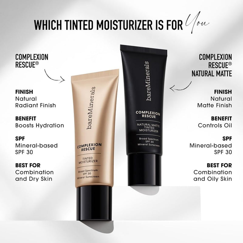bareMinerals Complexion Rescue Tinted Moisturizer for Face with SPF 30, Hydrating Vegan Tinted Mineral Sunscreen with Hyaluronic Acid, Sheer-to-Light Coverage for Dewy, Healthy-Looking Skin