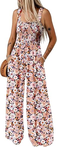 Dokotoo Women's Casual Loose Overalls Jumpsuits One Piece Sleeveless Printed Wide Leg Long Pant Rompers With Pockets