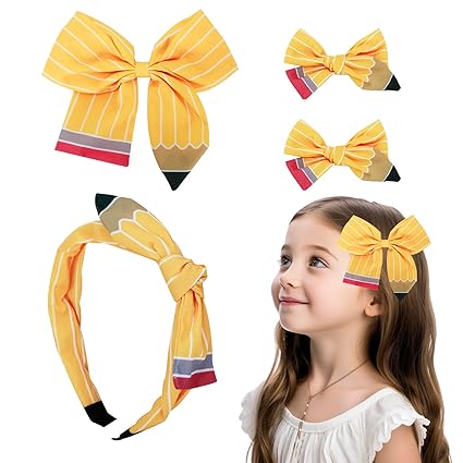 4 Pcs Hair Bow Clips Yellow Pencil Bows Hair Bands and School Bows Hair Clips, Teacher Headband, Back to School Hair Accessories for Girls Student First Day of School