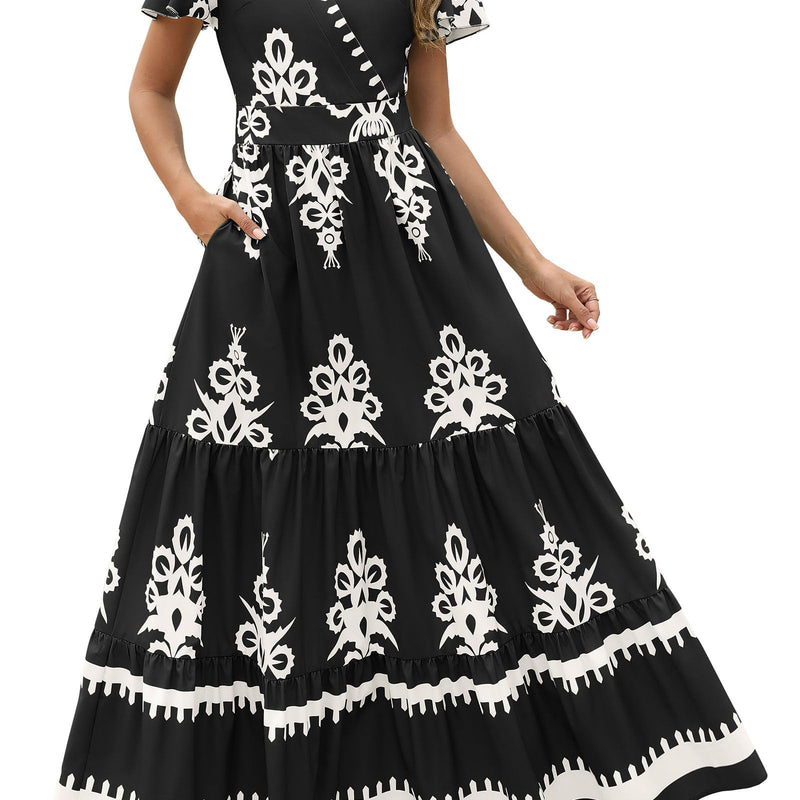 PRETTYGARDEN Womens 2025 Summer Casual V Neck Boho Maxi Dress Flowy Aline Bell Sleeve Tiered Floral Dresses with Pocket