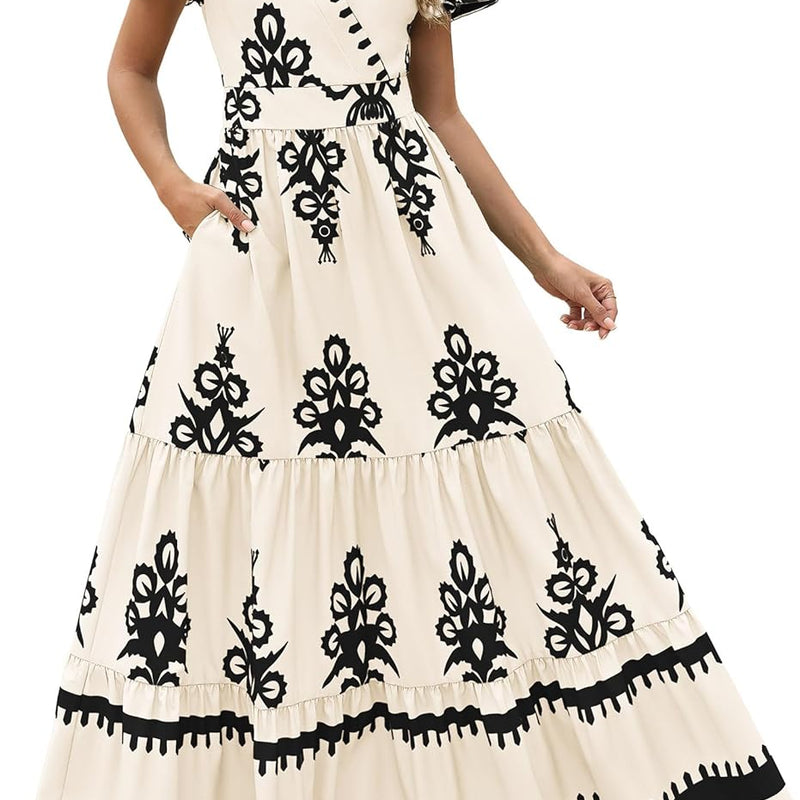 PRETTYGARDEN Womens 2025 Summer Casual V Neck Boho Maxi Dress Flowy Aline Bell Sleeve Tiered Floral Dresses with Pocket