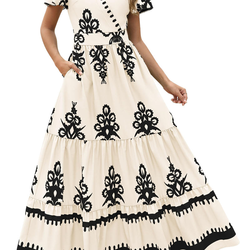 PRETTYGARDEN Womens 2025 Summer Casual V Neck Boho Maxi Dress Flowy Aline Bell Sleeve Tiered Floral Dresses with Pocket