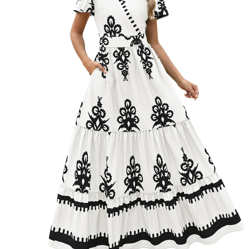 PRETTYGARDEN Womens 2025 Summer Casual V Neck Boho Maxi Dress Flowy Aline Bell Sleeve Tiered Floral Dresses with Pocket