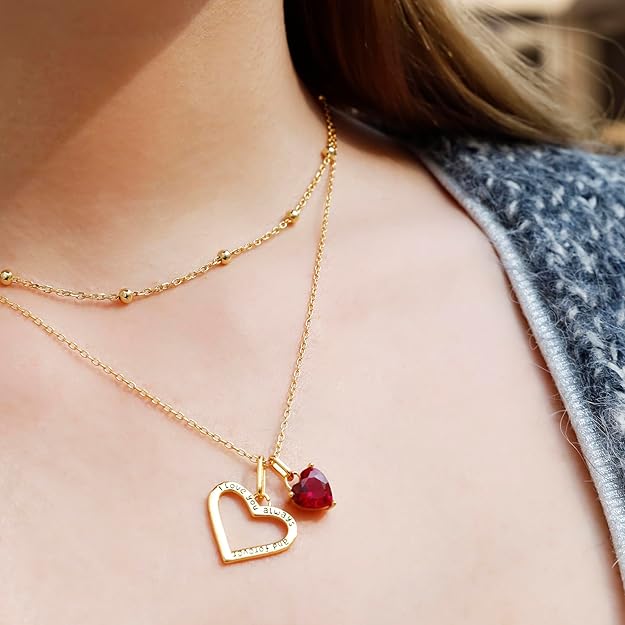 Double-Heart Necklace with Red CZ Stone & Satellite Chain Choker Set, 18K Gold-Plated 925 Sterling Silver, Adjustable Layered Jewelry for Women, Valentine's Gift, Mother's Day Gift