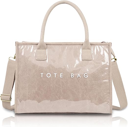 PVC Tote Bag for Women Large Letters Print Hobo Handbags Kraft Paper Shoulder Bag with Strap for Work Travel