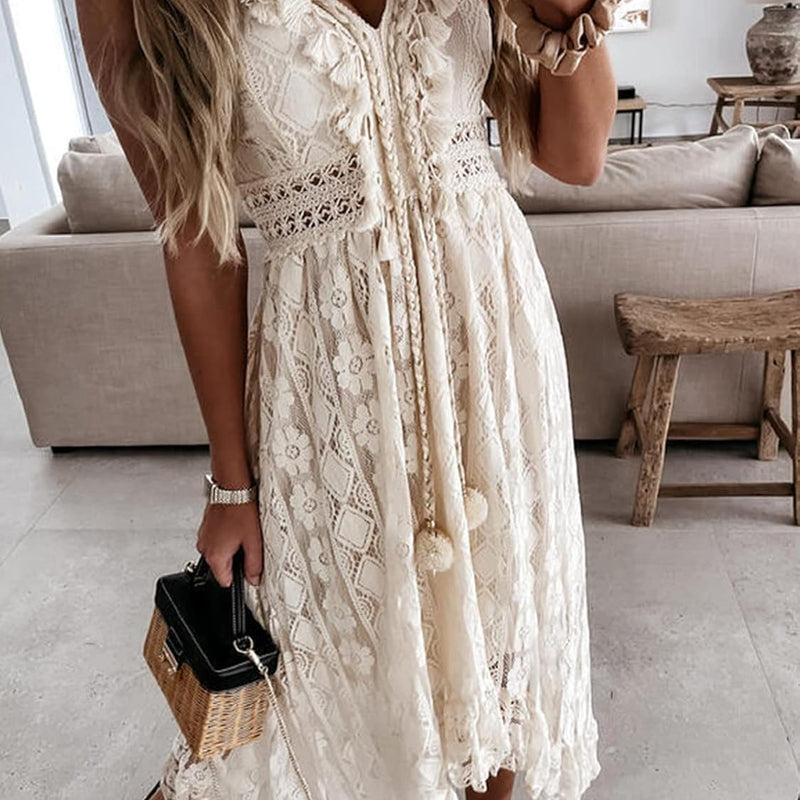 CUPSHE Women's Summer Dresses Sleeveless Lace Casual Tassel Beach Spaghetti Straps Flowy Maxi Sun Dress