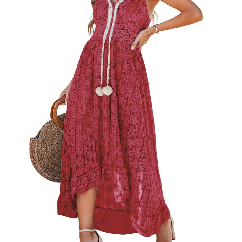 CUPSHE Women's Summer Dresses Sleeveless Lace Casual Tassel Beach Spaghetti Straps Flowy Maxi Sun Dress