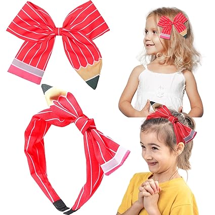 Pvoiue School Bows For Girls Teacher Headband Set, 2pcs Back To School Outfits For Girls Teacher, Girls Back To School Bows Uniform for Girls Teacher School Hair Accessories