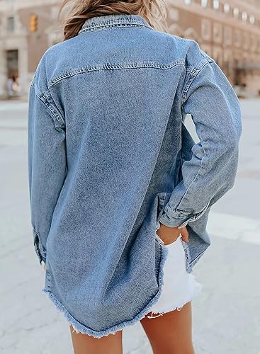 Dokotoo Women's Oversized Denim Jacket Casual Long Sleeve Denim Shirts Distresse Jean Jacket 2025 Spring Outfits