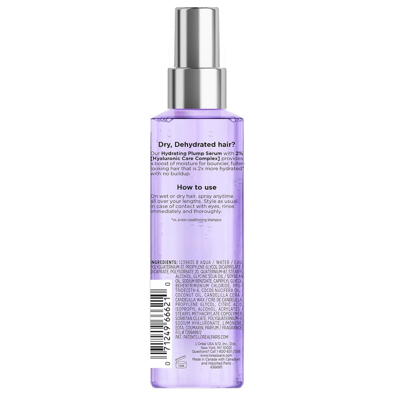 L'Oreal Paris Elvive Hyaluron Plump Moisture Plump Hair Serum for Dehydrated, Dry Hair with Hyaluronic Acid Care Complex, Paraben-Free, 4.4 Fl Oz