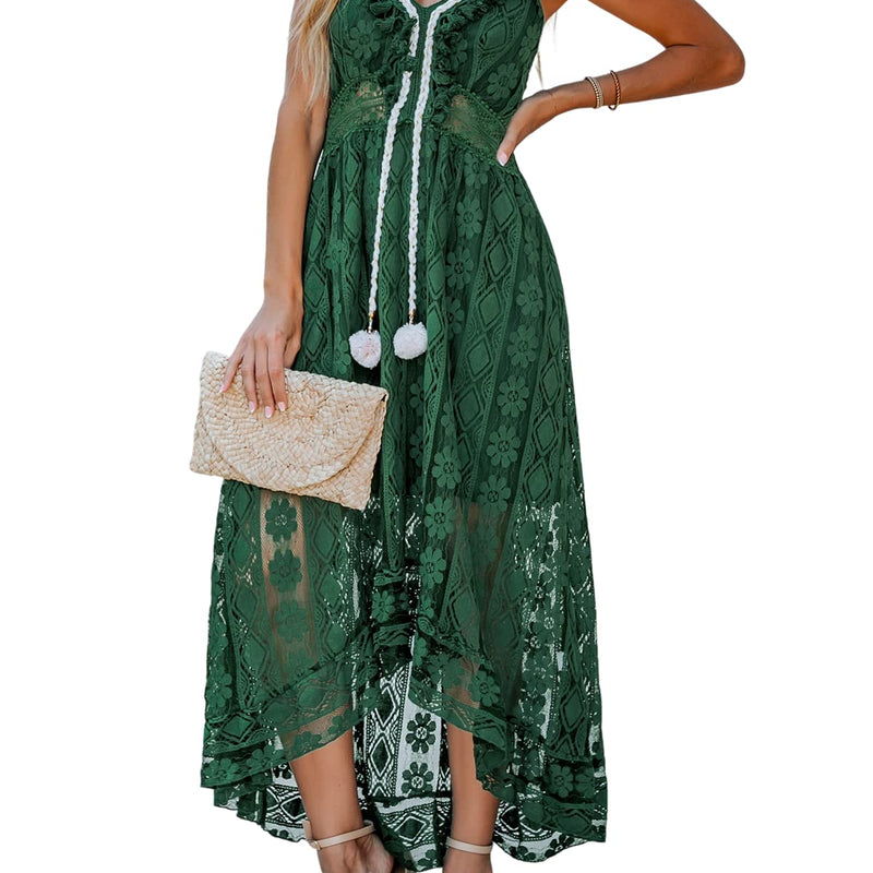 CUPSHE Women's Summer Dresses Sleeveless Lace Casual Tassel Beach Spaghetti Straps Flowy Maxi Sun Dress