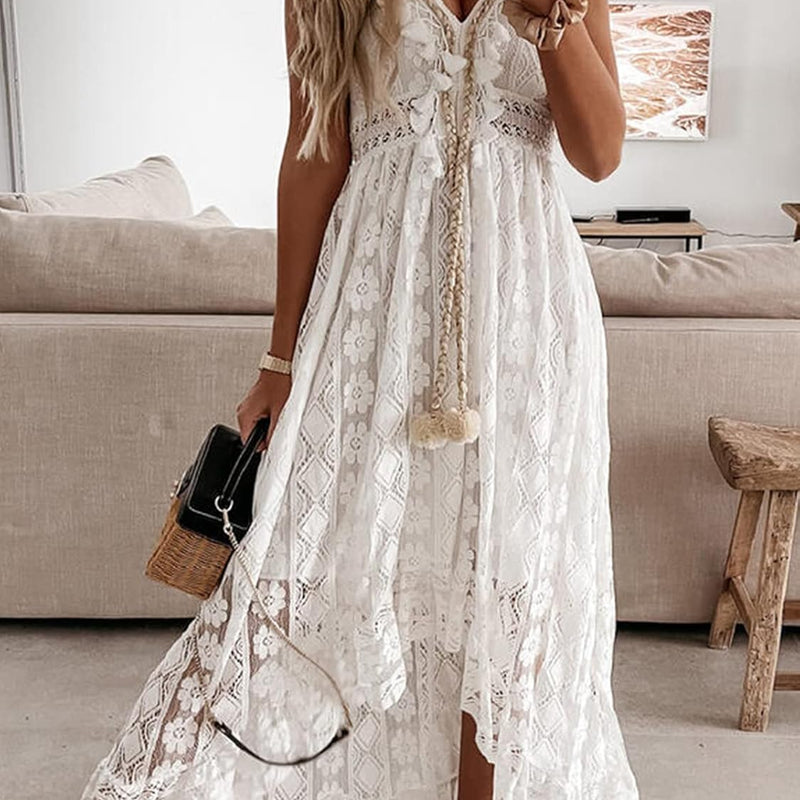 CUPSHE Women's Summer Dresses Sleeveless Lace Casual Tassel Beach Spaghetti Straps Flowy Maxi Sun Dress