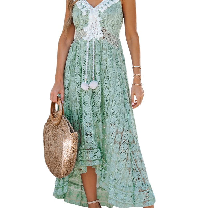 CUPSHE Women's Summer Dresses Sleeveless Lace Casual Tassel Beach Spaghetti Straps Flowy Maxi Sun Dress