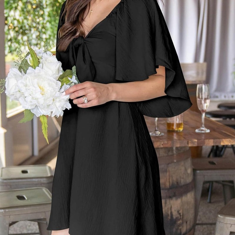 Dokotoo Womens Dresses 2025 Summer Fall Deep V Neck Elegant Bow tie Mini Dress S-XL