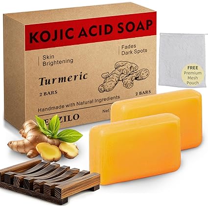 Kojic Acid Soap, Turmeric Soap Bar for Dark Spots with Collagen, Vitamin E, Retinol, Hyaluronic Acid, Shea Butter - 105g x 2 Bars with Holder