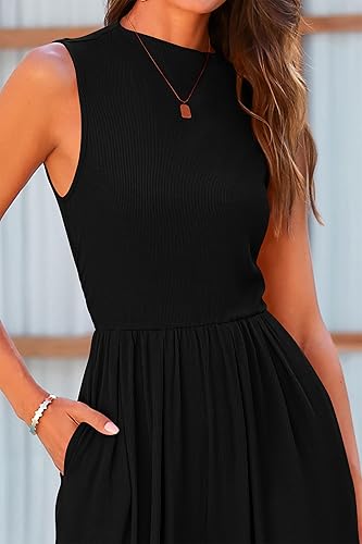 PRETTYGARDEN Womens Summer Jumpsuits Dressy Casual One Piece Outfits Sleeveless Mock Neck Wide Leg Pants Rompers with Pockets