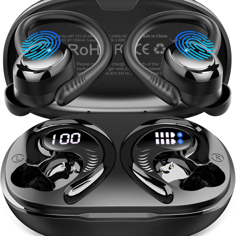 Wireless Earbuds Sport, 2025 Bluetooth 5.4 Headphones with Earhooks, 50H Stereo Deep Bass Over Ear Buds with 4 ENC Noise Canceling Mics, IP7 Waterproof Earphones for Running Workout Gym (Android/iOS)