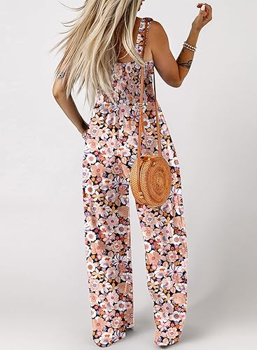Dokotoo Women's Casual Loose Overalls Jumpsuits One Piece Sleeveless Printed Wide Leg Long Pant Rompers With Pockets