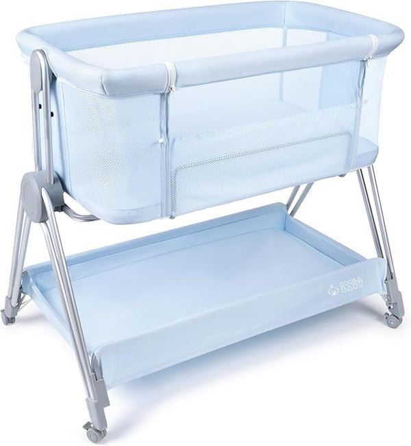 Baby Bedside Sleeper - Bassinet & Bedside Crib with Height Adjustment & Wheels - Can Be Placed Next to Bed - Attaches to Parents Bed - Easy to Fold & Carry Bassinet for Boys (Blue)