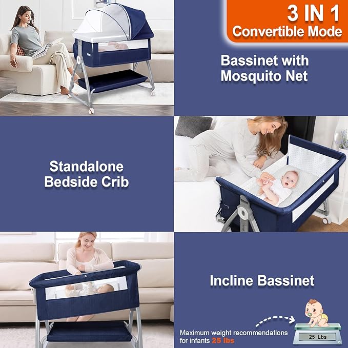 Bassinets Bedside Sleeper for Baby,YTHFGRT 3 in 1 Bedside Bassinet with 4 Auto-Lock& 6 Height Adjustable,Moises Para Nias Recien Nacidas Breastfeeding Friendly,Portable Bedside Crib for Newborn Infant