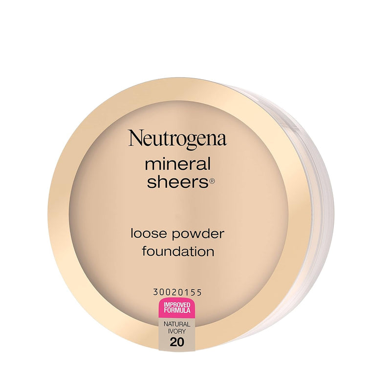 Neutrogena Mineral Sheers Loose Powder Makeup Foundation, Lightweight Face Makeup, Sheer to Medium Buildable Coverage, Sensitive Skin Foundation with Vitamins A, C, & E, Natural Ivory 20, .19 oz