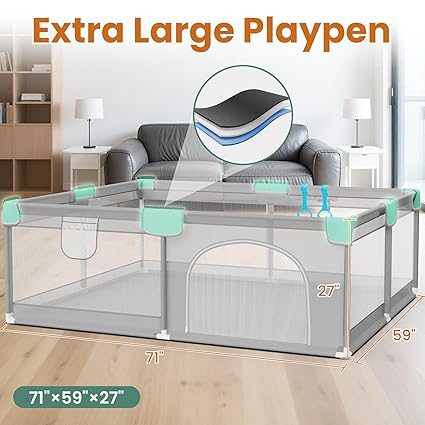 Omzer Baby Playpen 71x59inch - Large Playpen for Babies and Toddlers with 2 Pulling Handle & 50 Ocean Balls - Play Pen for Babies 6-12 Months - Safe Baby Fence Safe for Indoor Use
