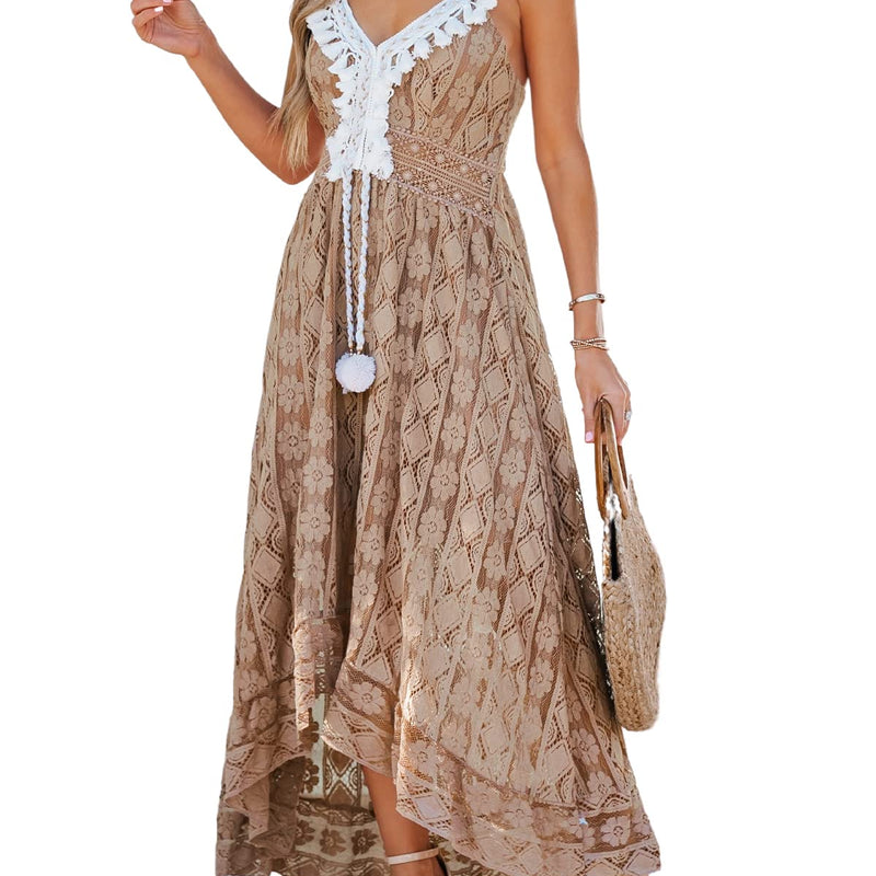 CUPSHE Women's Summer Dresses Sleeveless Lace Casual Tassel Beach Spaghetti Straps Flowy Maxi Sun Dress