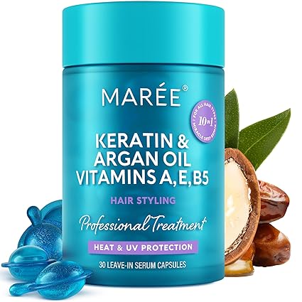 MAREE Hair Oil for Frizzy - Hair Vitamins A, E & B Keratin Styling Capsules with Jojoba & Argan Oil - Anti Frizz Serum for Women - Frizzy, Damaged, Dry and Curly - Sérum Gotas & Aceite Para el Cabello