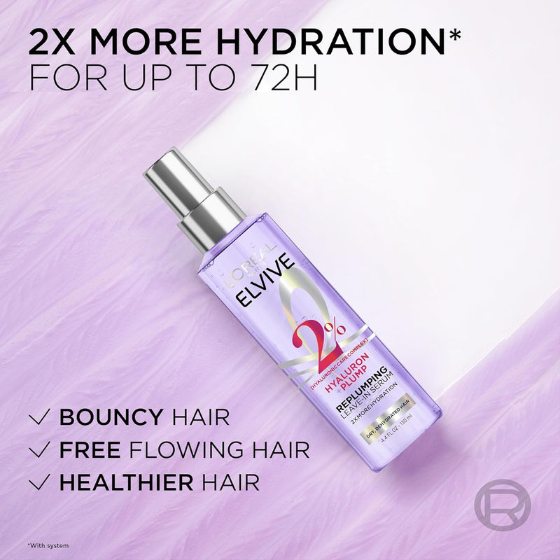 L'Oreal Paris Elvive Hyaluron Plump Moisture Plump Hair Serum for Dehydrated, Dry Hair with Hyaluronic Acid Care Complex, Paraben-Free, 4.4 Fl Oz