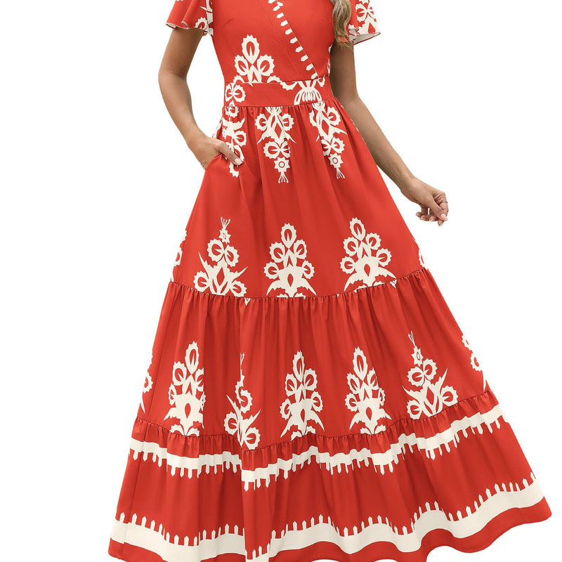 PRETTYGARDEN Womens 2025 Summer Casual V Neck Boho Maxi Dress Flowy Aline Bell Sleeve Tiered Floral Dresses with Pocket