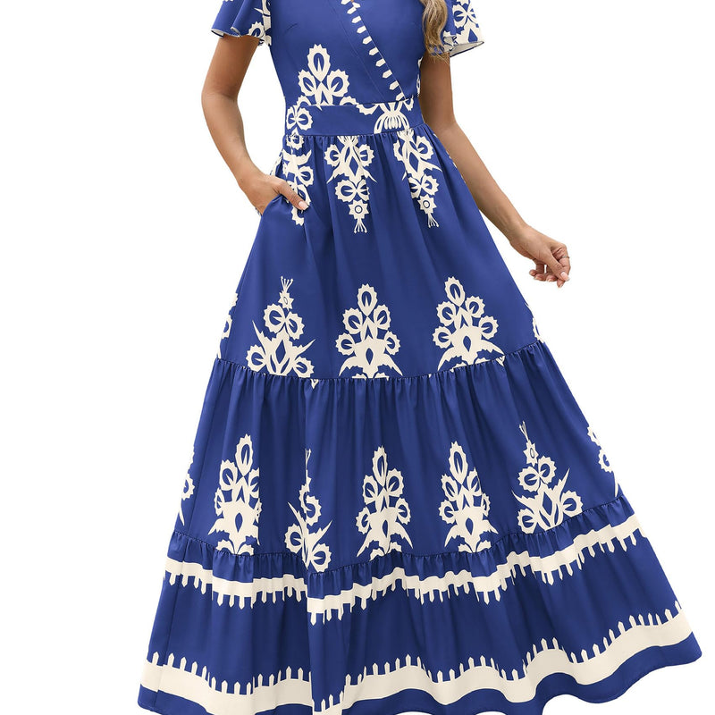 PRETTYGARDEN Womens 2025 Summer Casual V Neck Boho Maxi Dress Flowy Aline Bell Sleeve Tiered Floral Dresses with Pocket