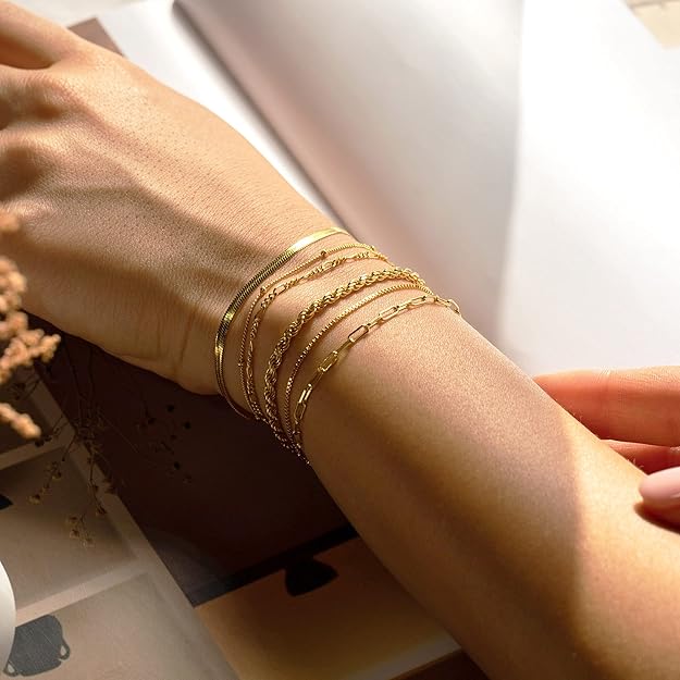 DEARMAY Gold Bracelets for Women Waterproof, 14K Real Gold Jewelry Sets Trendy Thin Dainty Stackable Cuban Link Paperclip Chain Bracelet Pack Fashion Accessories Gifts for Womens