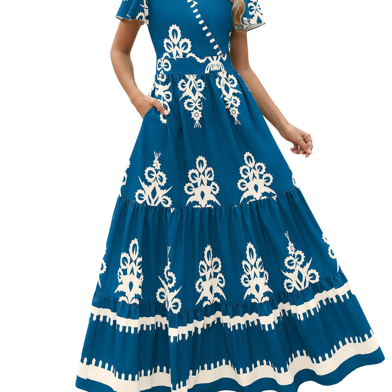PRETTYGARDEN Womens 2025 Summer Casual V Neck Boho Maxi Dress Flowy Aline Bell Sleeve Tiered Floral Dresses with Pocket