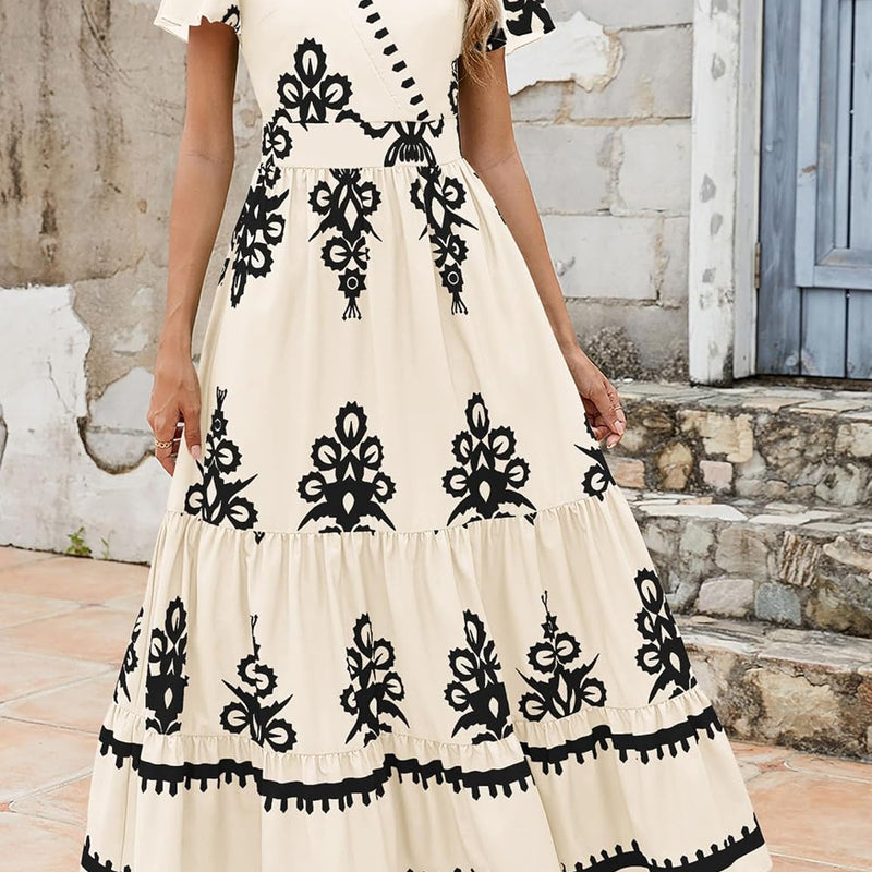 PRETTYGARDEN Womens 2025 Summer Casual V Neck Boho Maxi Dress Flowy Aline Bell Sleeve Tiered Floral Dresses with Pocket