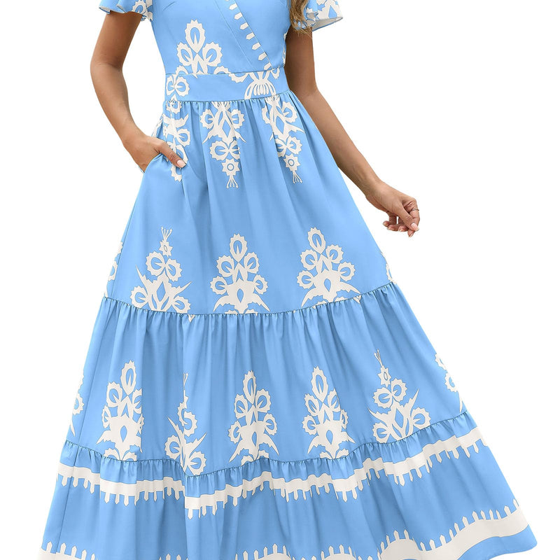 PRETTYGARDEN Womens 2025 Summer Casual V Neck Boho Maxi Dress Flowy Aline Bell Sleeve Tiered Floral Dresses with Pocket