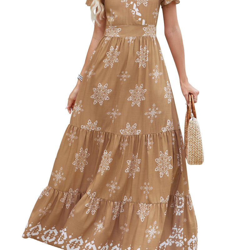PRETTYGARDEN Womens 2025 Summer Casual V Neck Boho Maxi Dress Flowy Aline Bell Sleeve Tiered Floral Dresses with Pocket