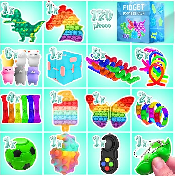 Fidget Toys, 120 Pack Fidgets Set Stocking Stuffers for Kids Party Favors Autism Sensory Toy Bulk Adults Kids Boys Girls Teens Stress Autistic ADHD Anxiety Carnival Treasure Classroom Prizes