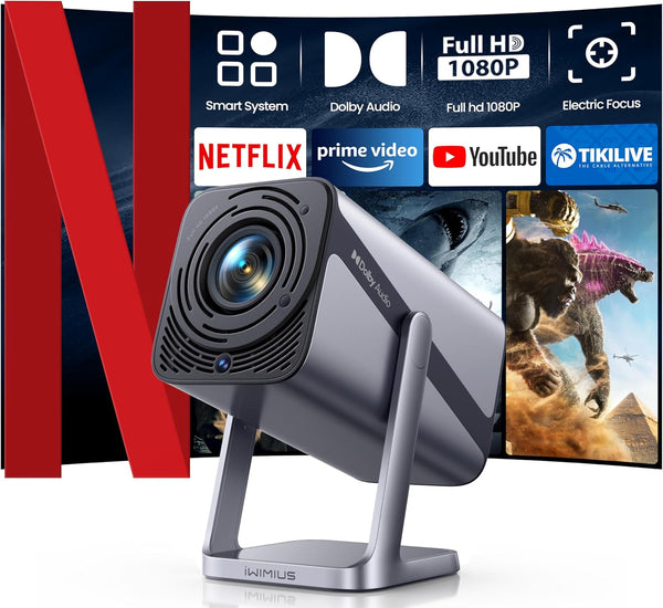 Netflix-Licensed/ Dolby Audio/- Smart 4K Projector with WiFi 6 and 2-Way Bluetooth, Electric Focus & Auto Keystone, 360°Adjustable Stand, iWIMIUS 1080P Mini Portable Outdoor Proyector w/ HDMI ARC