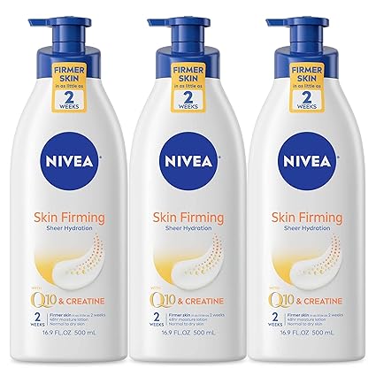 NIVEA Sheer Hydration Skin Firming Body Lotion with Q10 and Vitamin C, 72-Hour Body Moisturizer for Normal to Dry Skin, 16.9 Fl Oz Pump Bottle, Pack of 3
