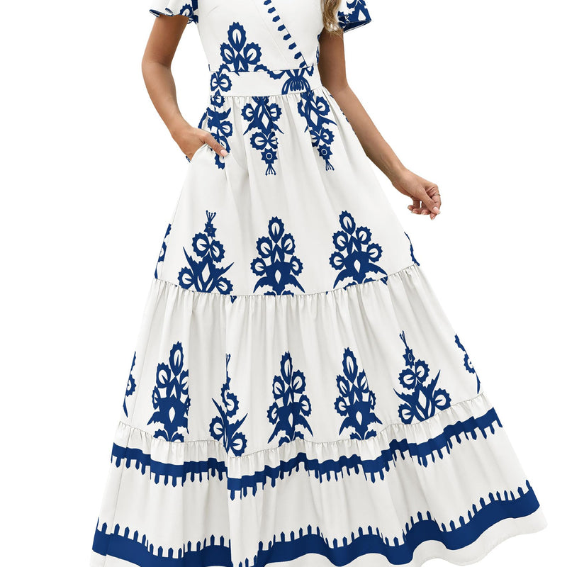 PRETTYGARDEN Womens 2025 Summer Casual V Neck Boho Maxi Dress Flowy Aline Bell Sleeve Tiered Floral Dresses with Pocket