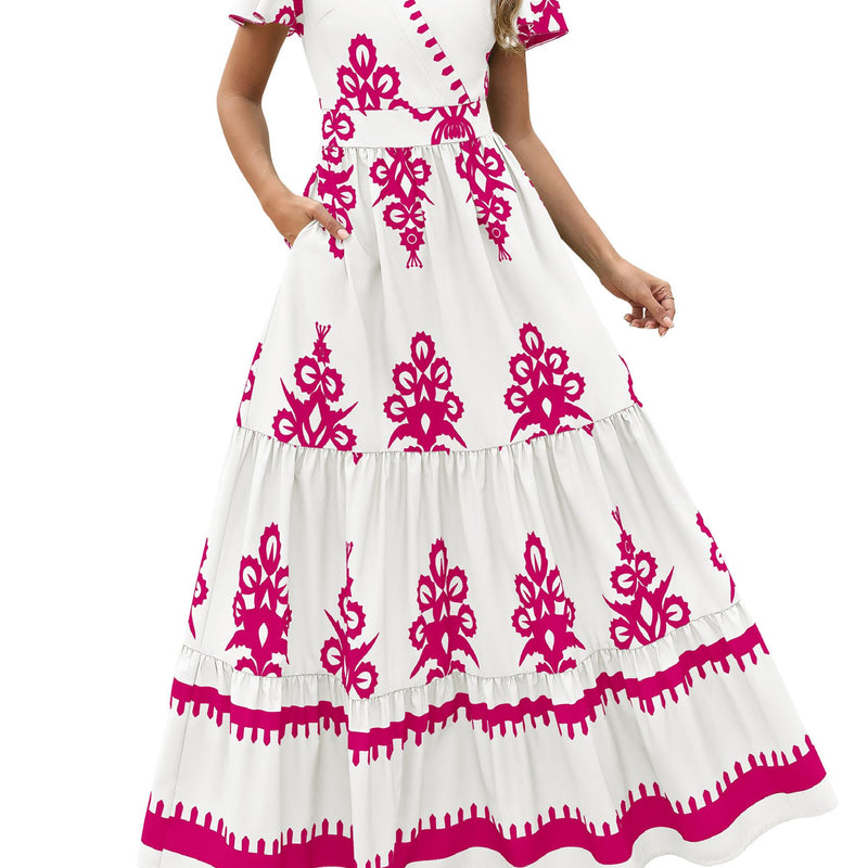 PRETTYGARDEN Womens 2025 Summer Casual V Neck Boho Maxi Dress Flowy Aline Bell Sleeve Tiered Floral Dresses with Pocket