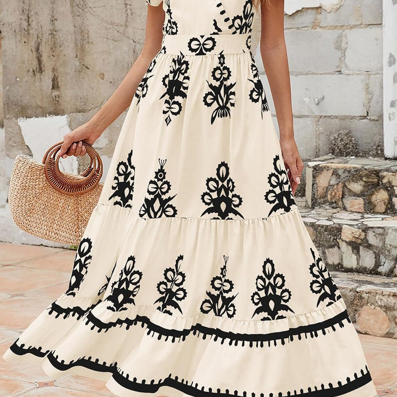 PRETTYGARDEN Womens 2025 Summer Casual V Neck Boho Maxi Dress Flowy Aline Bell Sleeve Tiered Floral Dresses with Pocket
