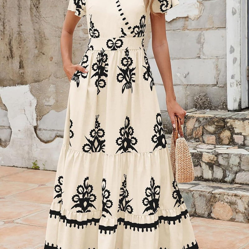 PRETTYGARDEN Womens 2025 Summer Casual V Neck Boho Maxi Dress Flowy Aline Bell Sleeve Tiered Floral Dresses with Pocket